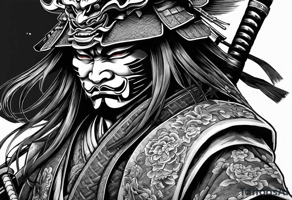 samurai with a hannya mask that covers half of his face who is in a slightly tilted posture holding a katana in an attack position tattoo idea