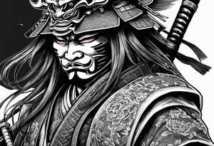 samurai with a hannya mask that covers half of his face who is in a slightly tilted posture holding a katana in an attack position tattoo idea