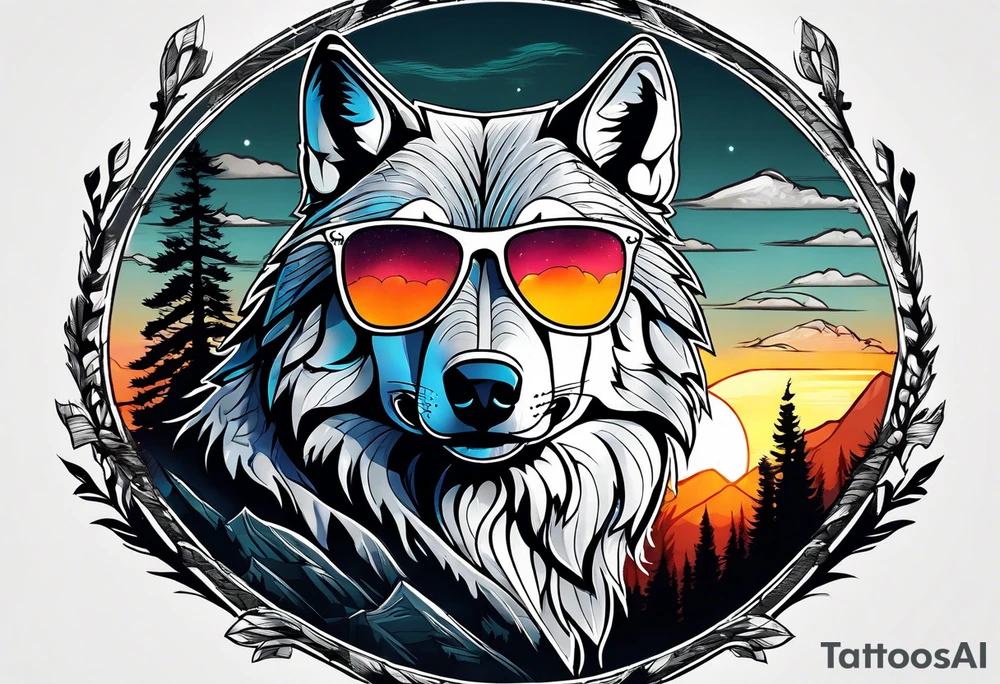 Badass wolf wearing sunglasses
Dark woods
Mountain peaks
Sunset tattoo idea