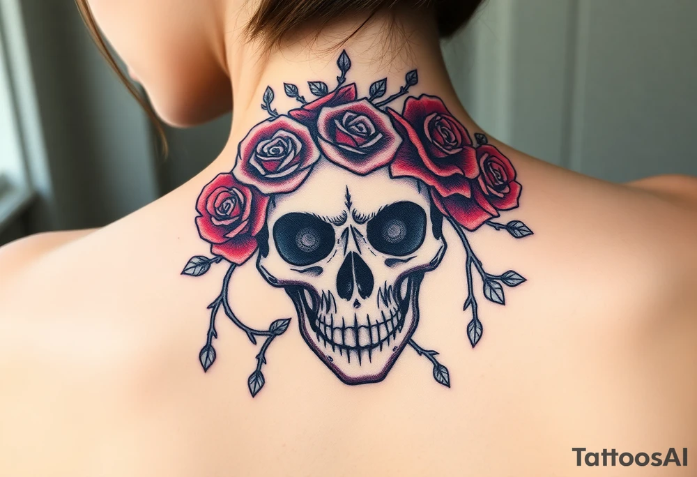 ornate skull adorned with crown of wild roses and thorns tattoo idea