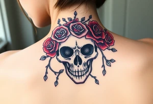 ornate skull adorned with crown of wild roses and thorns tattoo idea