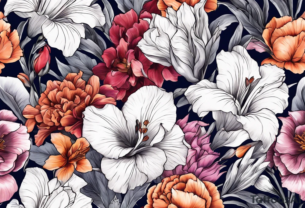 full sleeve of floral tattoo of purple gladiolus flower, pink peony, red hawthorn, orange marigold, navy blue sweet pea, and white paper white narcissus tattoo idea