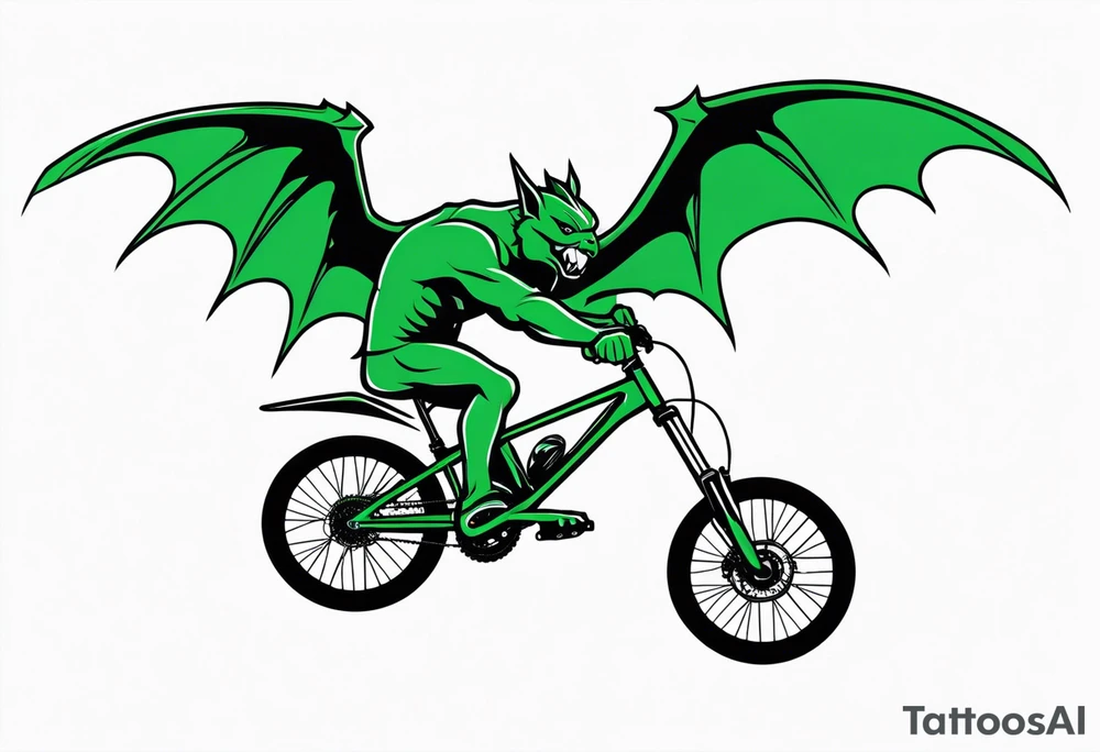 gargoyle riding a full suspension green mountain bike with a shadow no background with wings tattoo idea