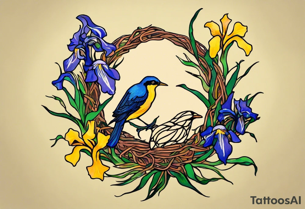 Create a colorful, small Vincent van Gogh Irises tattoo with a nest and bird. The tattoo should take the form of a crescent, with vines gracefully intertwining at a central point in the middle of the wreath. Ensure that the design avoids the appearance of a bush and maintains a more structured and deliberate arrangement. The intended placement is on the upper chest. The overall design should be small in size while maintaining a delicate and artistic aesthetic. Pay attention to the graceful flow of the vines and the placement of the irises to achieve a refined and elegant look tattoo idea