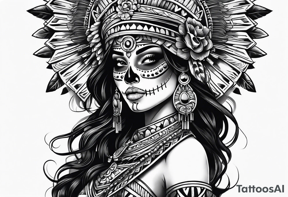 Aztec princess side profile day of the dead tattoo idea