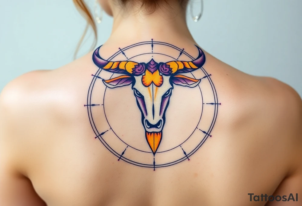 Powerful Taurus tattoo horiscope with purple and yellow tattoo idea
