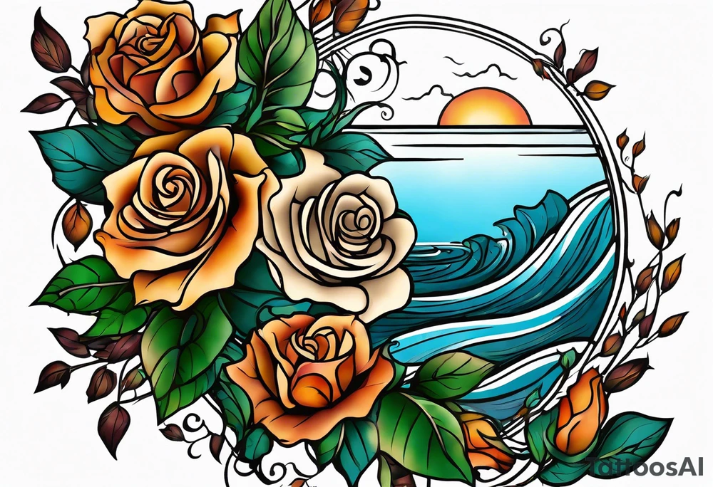 thigh tattoo with fall colors showing, flowers, roses, water flow, and sky tattoo idea