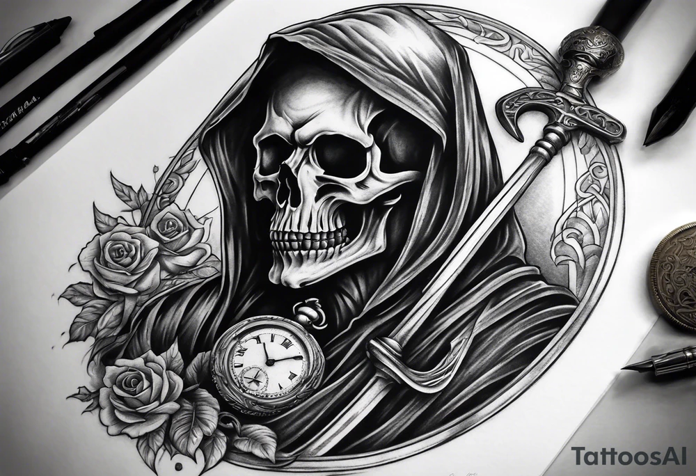 Grim reaper with a pocket watch and scythe tattoo idea