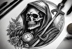 Grim reaper with a pocket watch and scythe tattoo idea