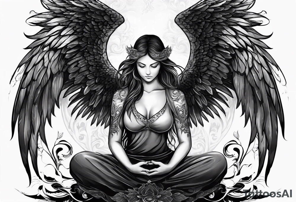 Angel who is meditating, one wing is an angelic angel wing, the other is a demon wing tattoo idea