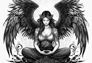 Angel who is meditating, one wing is an angelic angel wing, the other is a demon wing tattoo idea