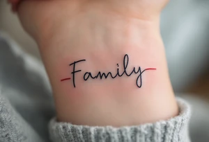 A minimalist family tattoo in delicate gray cursive, underlined by a thin red heartbeat line. tattoo idea