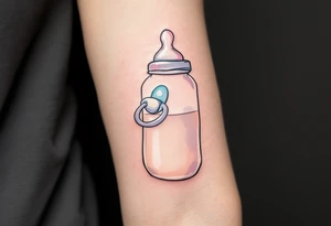 A baby bottle and pacifier outlined in soft pastel tones conveys the gentle and devoted care of early motherhood. tattoo idea