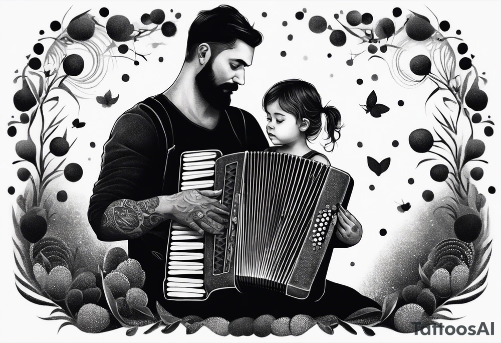 sad man with accordion and his young child girl tattoo idea