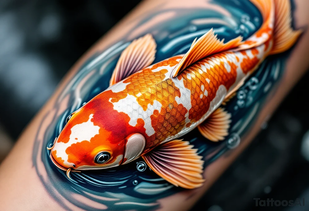 Speckled Orange Koi with Ripples – A playful koi with mottled orange and white patterns, creating soft ripples in a calm blue pond. tattoo idea