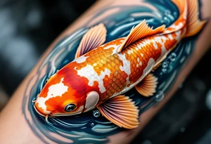Speckled Orange Koi with Ripples – A playful koi with mottled orange and white patterns, creating soft ripples in a calm blue pond. tattoo idea