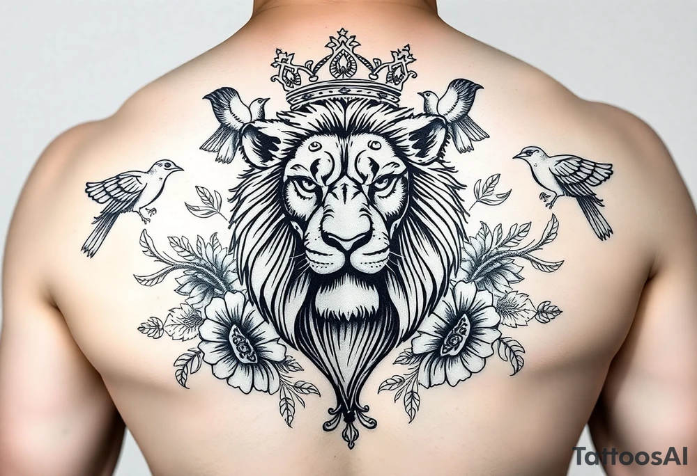 powerful majestic lion with a crown, surrounded by floral ornaments and birds tattoo idea