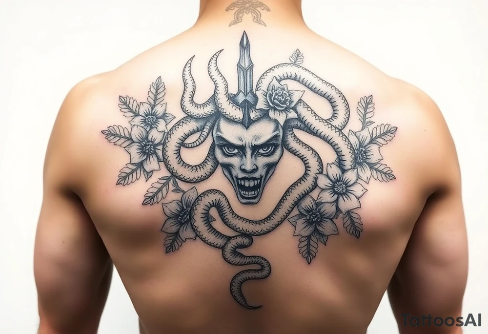 Medusa with snakes and flowers tattoo idea
