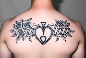 The name Jaylah With Roses and Foot Print and Pocket watch shaped like a Heart tattoo idea