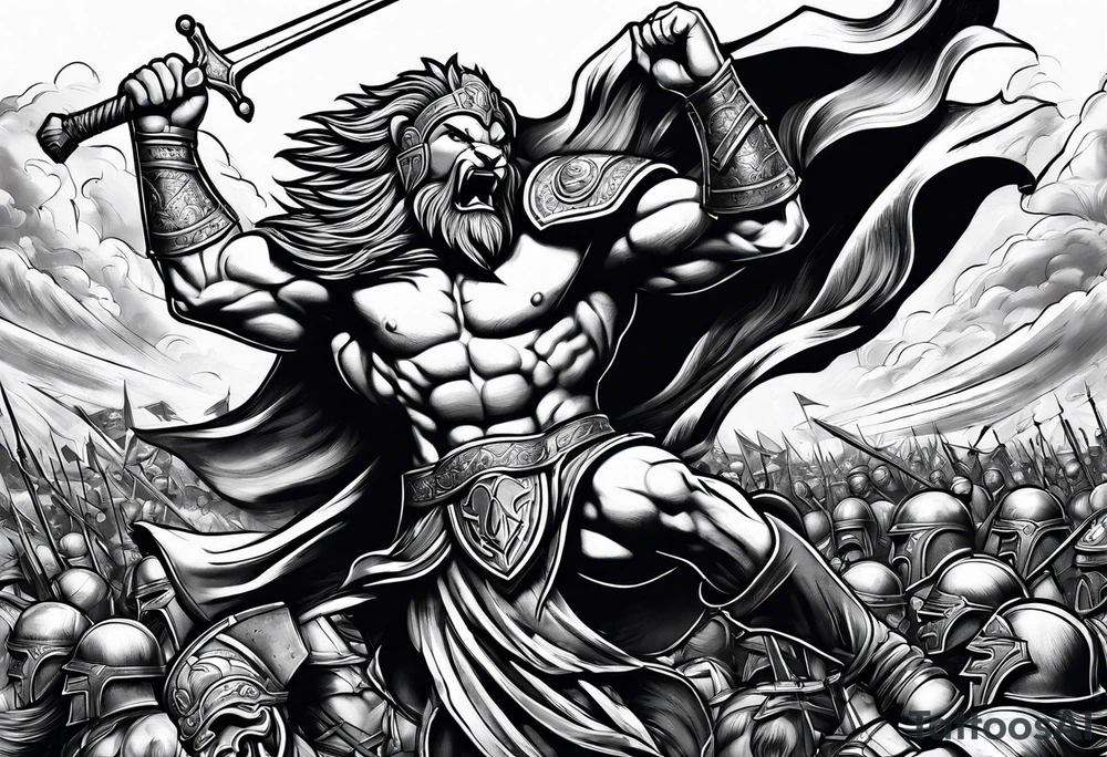 Spartan lion battle scene tattoo idea