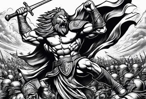 Spartan lion battle scene tattoo idea