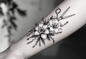 large haircutting scissors going from wrist to elbow with a large hawthorn flower, larkspur, daffodil and vine woven around up and down the arm tattoo idea