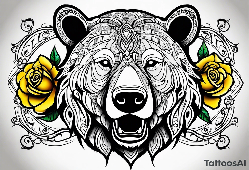 A tribal bear outline above the butterfly and yellow rose tattoo idea