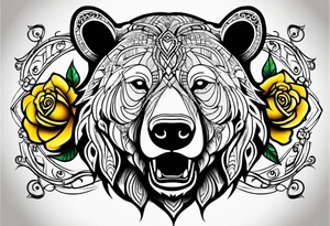 A tribal bear outline above the butterfly and yellow rose tattoo idea