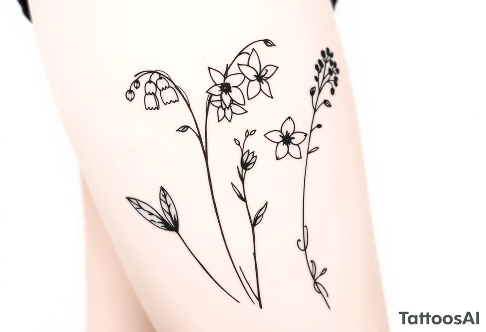 Simple small design in black bunch of flowers individual stems 1 lily of the valley 1 daffodil 1 December holly bush 1 larkspur tattoo idea