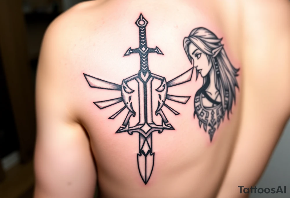 1. Theme: The Legend of Zelda: specifically Link and Zelda
2. Placement: Left Upper Arm
3. Style: Breath of the Wild (in color)
4. Elements to include: Master Sword in center facing up (handle at the bottom), with triforce symbol at the bottom of the blade), Link‘s face on one side, looking away from the sword, Zelda on the other side of the sword, looking in the other direction
5. size: full upper arm covered tattoo idea