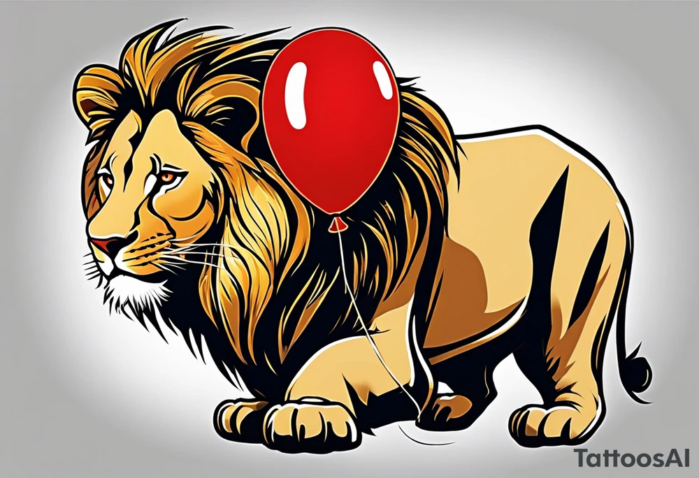 tattoo design should be in the layout of the famouse picture"small princ"  where it should remind me that I survived,and my life was saved by my husband, and he should be represented in the tattoo as a young lion holding a balloon held in the muzzle.
The baloon which is red and in Hearth shape. The whole body of lion should be visible and more abstract not so realistic.The lion is holding the string of the baloon in the muzzle. The string from the balloon should have a heartbeat pulse.The baloon should be red colored, and the rest of the image should be black only. tattoo idea