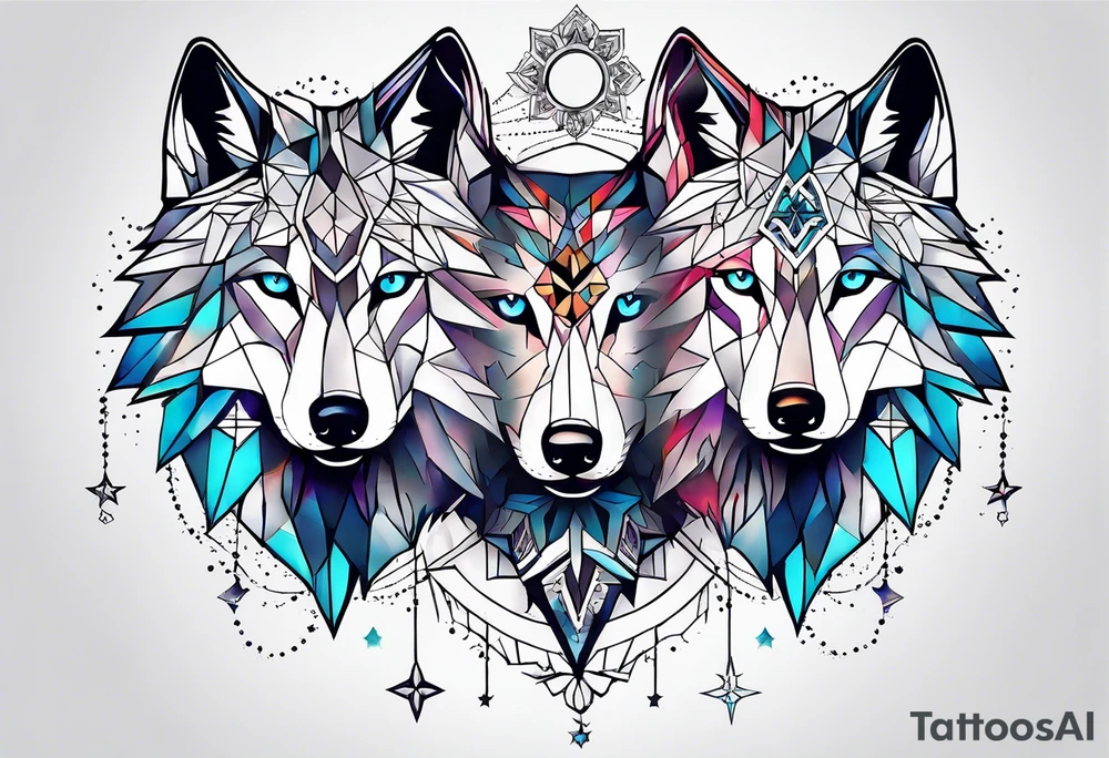 Constellation, two animal wolf, géométric, snowflake tattoo idea