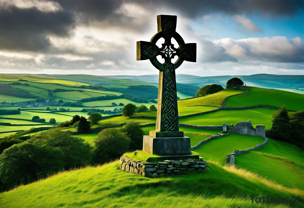 A large, weathered stone Celtic cross standing proudly atop a lush green hill, its four arms stretching skyward. The cross is intricately carved with intertwining knots and spirals, reflecting the artistry of the ancient Celts. A large raven sits perched at the intersection of the cross's arms, its ebony feathers gleaming in the soft light. The bird's eyes seem to hold a wisdom beyond its years, as if it has been witness to countless generations come and gone. tattoo idea