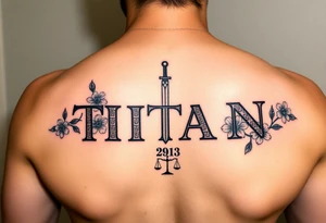 Name ‘Titan’ with birthday, Greek mythology inspired font with mini swords the T in Titan is a sword with cherry blossoms flowers in the background of the tattoo with a libra sign tattoo idea