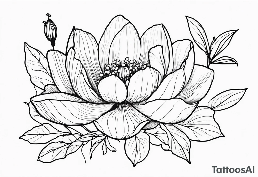 Thin line lotus dogwood lily of the valley and peony wildflower tattoo idea