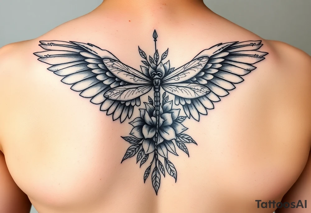 Angel wing that will stretch midway down bicep with a floral waterlily and dragonfly design above it tattoo idea