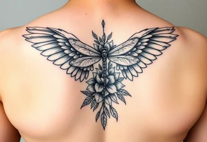 Angel wing that will stretch midway down bicep with a floral waterlily and dragonfly design above it tattoo idea