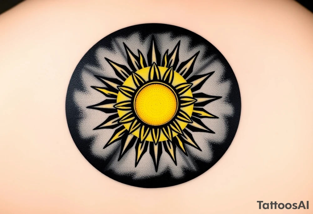 Donbass flag in a circle, colours black and yellow sun. Sun is bleading with blood. 5 cm diameter. Локація: ліва верхня частина грудей, ближче до серця tattoo idea