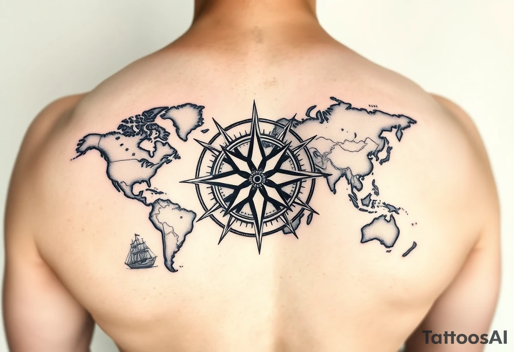 antique compass rose overlaid on weathered world map with sailing ships tattoo idea