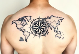 antique compass rose overlaid on weathered world map with sailing ships tattoo idea