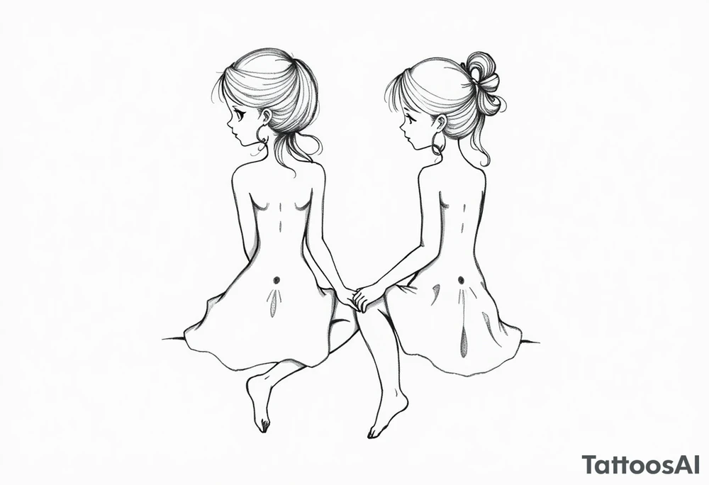 Zwei kleine mädchen sitzen sich gegenüber eine hat einen Dutt die andere einen Zopf und sie berühren sich an den Fußsohlen tattoo idea