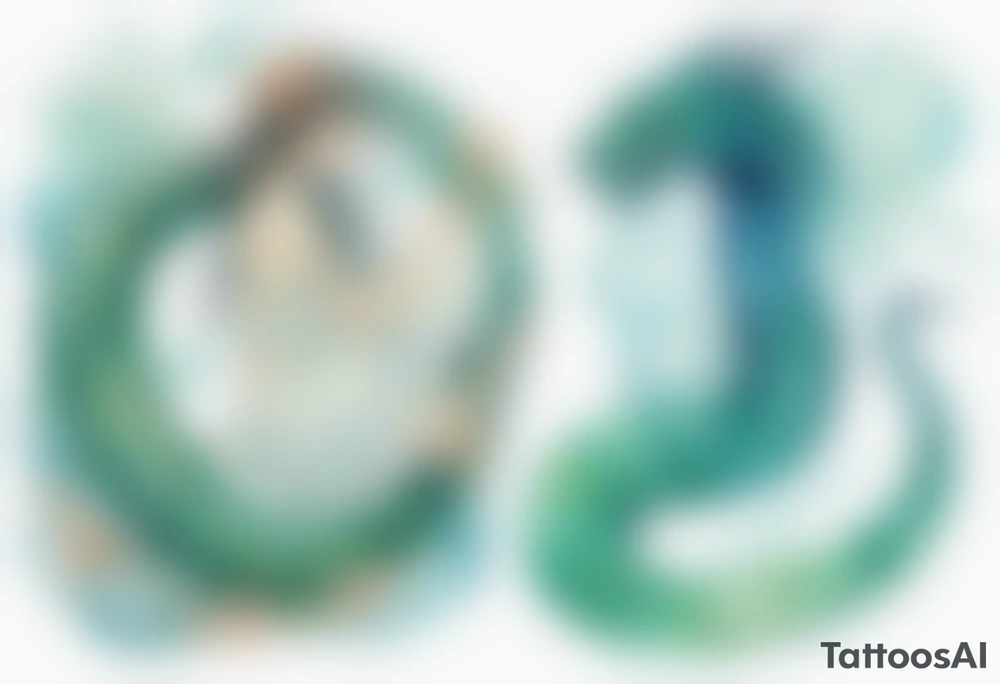 a sea serpent next to a blue-green naiad in a white tunic tattoo idea