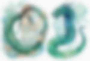 a sea serpent next to a blue-green naiad in a white tunic tattoo idea