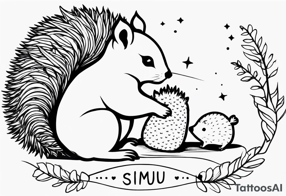 Draw a squirrel and an hedgehog accompanied by the writing “simul in aeternum” tattoo idea