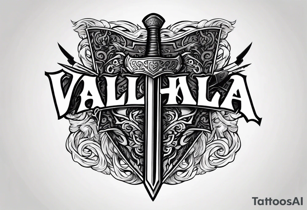 valhalla on fire sword shield axe tattoo idea