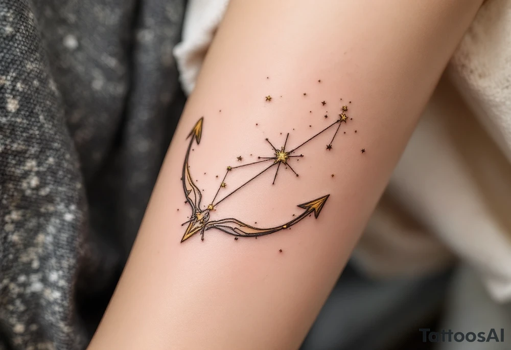 A Sagittarius constellation with stars as tiny gold dots connected by soft gray lines above the collarbone tattoo idea