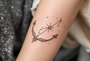 A Sagittarius constellation with stars as tiny gold dots connected by soft gray lines above the collarbone tattoo idea