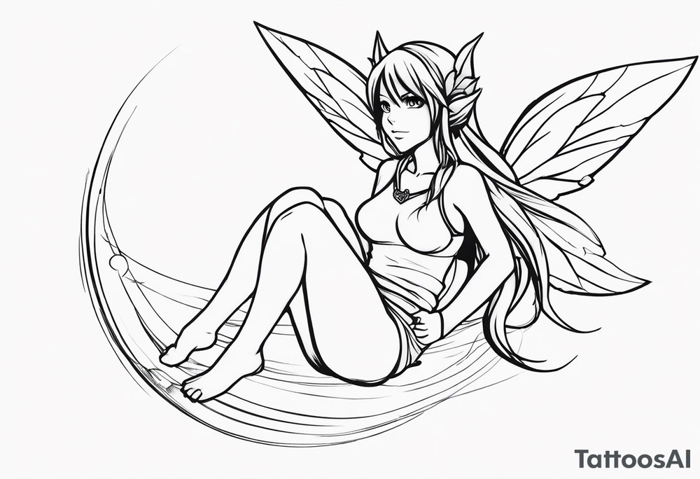 No color sketch of a fairy with a tail inspired by the guild symbol in the anime show called Fairy Tail in a fetal position leaning forward while crawled in and her body is an angle while floating in the air with big wings tattoo idea