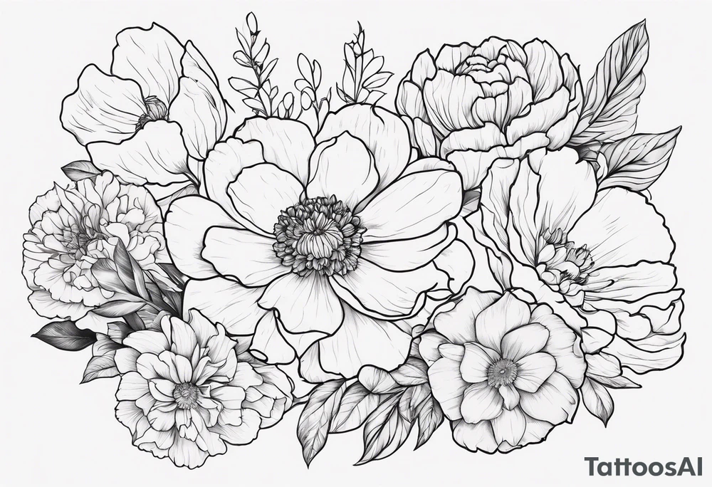 tattoo design with all these flowers peony, carnation, daffodil, daphne, dahlia, desiree, daisy and rose and label the flower name tattoo idea