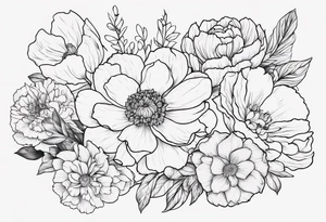 tattoo design with all these flowers peony, carnation, daffodil, daphne, dahlia, desiree, daisy and rose and label the flower name tattoo idea